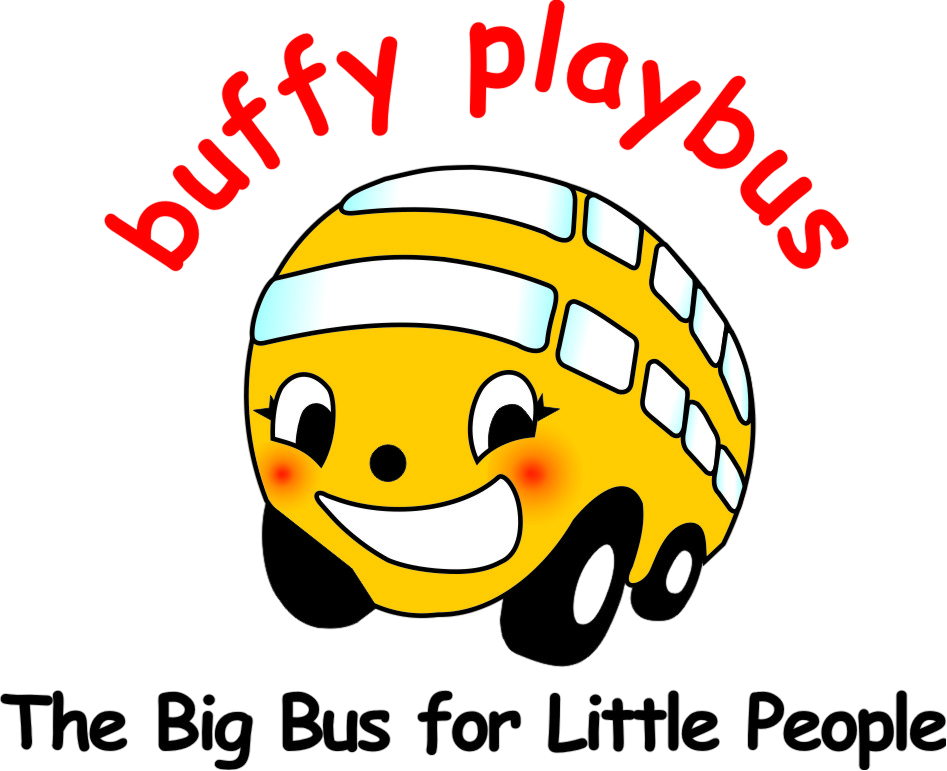 Buffy Play bus logo, include cartoon bus and the text "The Big Bus for Little People"